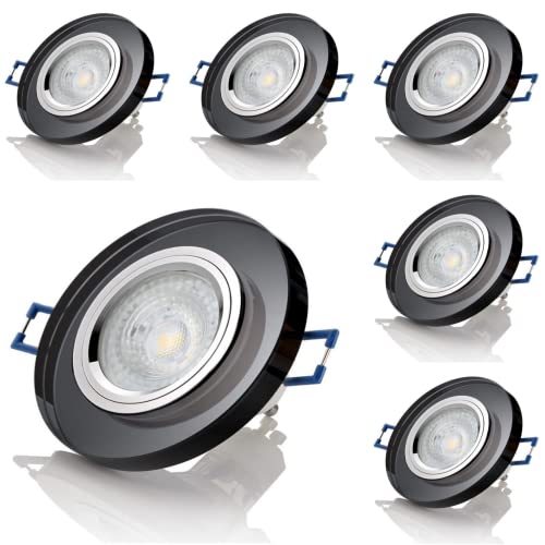 Sweet Led® 6x Einbaustrahler aus Glas klar 7W 230V Leuchten inkl. GU10 Fassung 530 Lumen Deckenspot mit Klickverschluss Set Einbaurahmen – rund, schwarz, 3000K warmweiß von Sweet Led