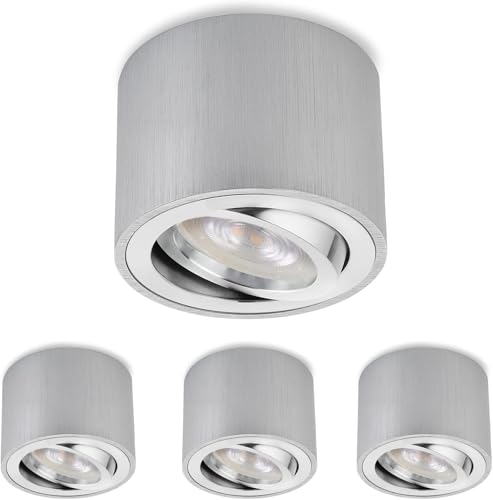Sweet Led 4x Aufbauspots Silber Gebürstet – Flach & Schwenkbar Ø80×50mm – LED Deckenspots 5W 230V Neutralweiß 4000K – Aufbaustrahler aus Aluminium von Sweet Led
