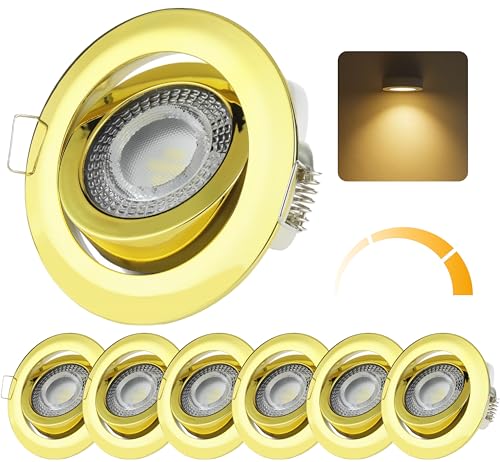 Sweet Led Einbaustrahler 3-Step-Dimming deckenspots flach 5W 230V Decken Einbauleuchte 3 Stufen dimmbar Einbauspots schwenkbar spots goldfarbig rund warmweiß einbau 6 stück von Sweet Led