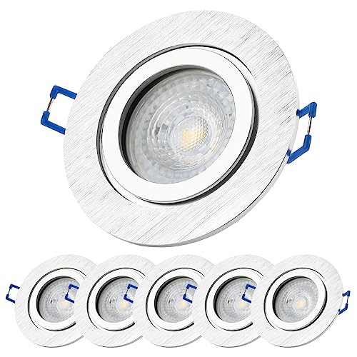 Sweet Led Einbaustrahler Bad Dimmbar,IP44 Aluminium Ø84mm,Feuchtraum Einbauleuchte,Badezimmer,Rund alu,inkl.GU10 7W Warmweiß 530Lm 3000k Warmweiß,Klickverschluß,Einbaurahmen,Einbauspot (Silber, 6er) von Sweet Led