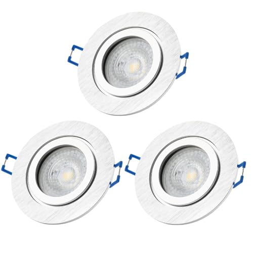 Sweet Led Einbaustrahler Bad Dimmbar,IP44 Aluminium Ø84mm,Feuchtraum Einbauleuchte,Badezimmer,Rund alu,inkl.GU10 7W Warmweiß 530Lm 3000k Warmweiß,Klickverschluß,Einbaurahmen,Einbauspot (Silber, 3er) von Sweet Led