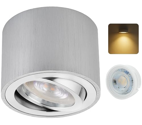 Sweet Led Aufbaustrahler flach alu gebürstet Aufbauspot aus Aluminium Deckenspots inkl. wechselbarem 5W LED Modul Aufbauleuchte schwenkbar Deckenleuchte rund 230V Aufputz Strahler warmweiß von Sweet Led