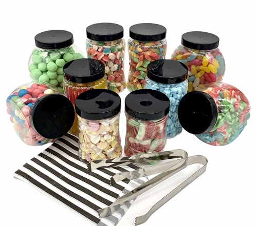 Sweet Candy Buffet Pick & Mix Gläser Set mit 10 Mini-Gläsern mit flachem farbigen Deckel, 2 x Metallzange & 50 x schwarz gestreifte oder gepunktete Papiertüten (10 Gläser Mini Kit schwarz gestreift) Sweet Candy Buffet Pick & Mix Gläser Set mit 10 Mini-Gläsern mit flachem farbigen Deckel, 2 x Metallzange & 50 x schwarz gestreifte oder gepunktete Papiertüten (10 Gläser Mini Kit schwarz gestreift) von Sweet Tree Celebrations