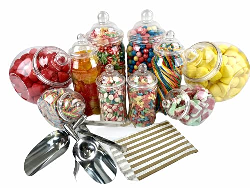Sweet Candy Buffet Pick & Mix Gläser – Set mit 10 gemischten Gläsern mit viktorianischen Bommeldeckeln, 2 x Metallzange, Schaufeln und 100 x goldgestreifte Papiertüten Sweet Candy Buffet Pick & Mix Gläser – Set mit 10 gemischten Gläsern mit viktorianischen Bommeldeckeln, 2 x Metallzange, Schaufeln und 100 x goldgestreifte Papiertüten von Sweet Tree Celebrations