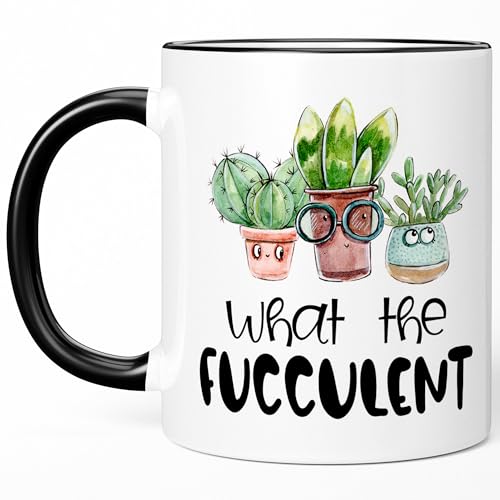 What the Fucculent Tasse, lustige Kaffeetasse für Pflanzenmutter, Snarky Kaktus Sukkulenten Liebhaber Geburtstagsgeschenk weiß/schwarzer Griff, 325 ml von Sweet & Salty