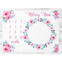 Floral Baby Meilenstein Decke, Mädchen Monatliche Wachstum Personalisierte Baby-Mädchen-Decke, Rosa Türkis Blumen-Kranz-Decke von SweetBabyDays