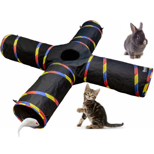 SweetBin Großer Haustier-Tunnel mit 4-Wege-Design, Katzentunnel für Indoor-Katzen, zum Spielen und Erkunden, Durchmesser 25,4 cm, zusammenklappbar, knisternde Katzenröhren für Frettchen, Kaninchen und von SweetBin
