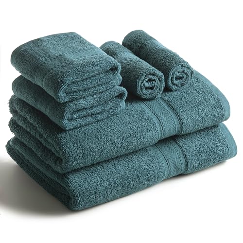 SweetNeedle Handtücher-Set, Blaugrün - 2 Badetücher, 2 Handtücher und 2 Waschlappen, täglicher Gebrauch, ringgesponnen, 100% Baumwolle, sehr saugfähig für Badezimmer, Dusche (6 Stück) von SweetNeedle