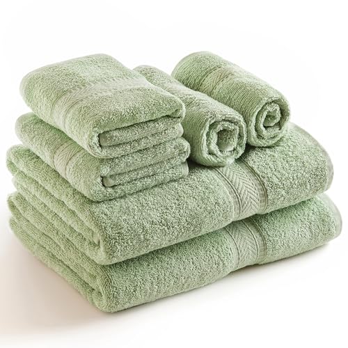 SweetNeedle Handtücher Set, Salbeigrün - 2 Badetücher, 2 Handtücher und 2 Waschlappen, täglicher Gebrauch, ringgesponnen, 100% Baumwolle, sehr saugfähig für Badezimmer, Dusche (6 Stück) von SweetNeedle