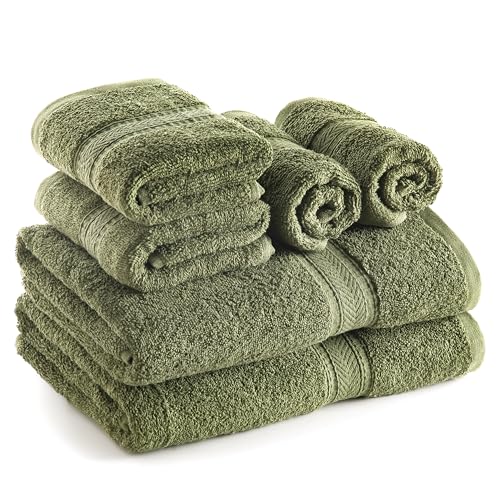 SweetNeedle Handtuch-Set, 6 Stück, 2 Badetücher, 2 Handtücher und 2 Waschlappen, täglicher Gebrauch, ringgesponnen, 100% Baumwolle, Olivgrün von SweetNeedle