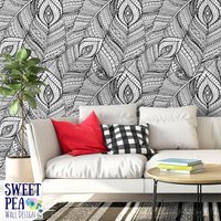 Boho Feder Abnehmbare Tapete T126-27 von SweetPeaWallDesign