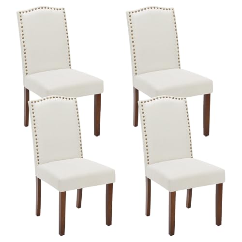 Sweetcripy Esszimmerstühle 4er-Set, Hochwertige gepolsterte Leder-Esszimmerstühle mit Nagelkopfverzierung und Holzbeinen, Esszimmerstuhl für Schlafzimmer, Wohnzimmer, Esszimmer, Beige White von Sweetcrispy