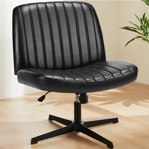 Sweetcrispy Bürostuhl Ohne Armlehnen, Schreibtischstuhl mit PU-Leder, Lesesessel mit Breiterem Polster zum Sitzen im Schneidersitz Stuhl, Höhenverstellbar, 360° Drehstuhl für Haus, Beige, Schwarz von Sweetcrispy