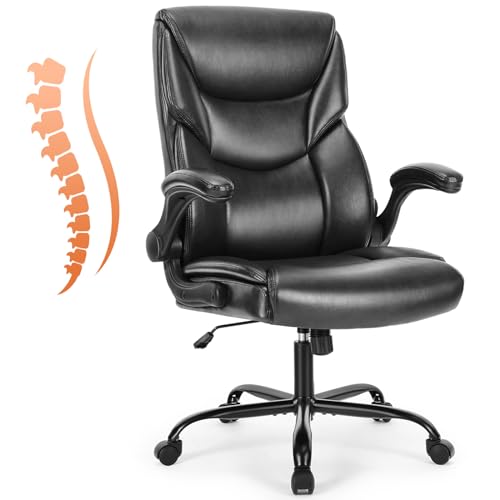 Sweetcrispy Chefsessel PU Leder Bürostuhl Ergonomisch, Schreibtischstuhl mit Hochklappbaren Armlehnen, Ergonomischer Computerstuhl mit Hoher Rückenlehne, Gaming PC Drehstuhl für Arbeit Ruhe, Schwarz von Sweetcrispy