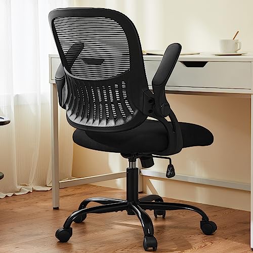 Sweetcrispy Computer-Schreibtischstuhl mit mittlerer Rückenlehne, ergonomischer Computer-Schreibtischstuhl mit Rollen, bequeme Lendenwirbelstütze, bequeme klappbare Armlehnen für Zuhause, Schlafzimmer von Sweetcrispy