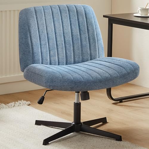 Sweetcrispy Criss Cross Stuhl mit Beinen, Armless Office Desk Chair No Wheels, Vanity Stuhl drehbar, Höhenverstellbare breite Sitz Computer Task Chair, Fabric Vanity Modern Home Stuhl Blau von Sweetcrispy
