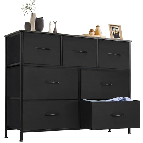 Sweetcrispy Kommode,Sideboard Wohnzimmer für Schlafzimmer mit 7 Stoffschubladen,Einstellbare Füße Schubladenschrank,Schwarz von Sweetcrispy