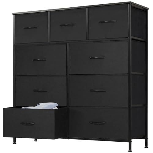 Sweetcrispy Kommode,Sideboard Wohnzimmer für Schlafzimmer mit 9 Stoffschubladen,Einstellbare Füße Schubladenschrank,Schwarz von Sweetcrispy