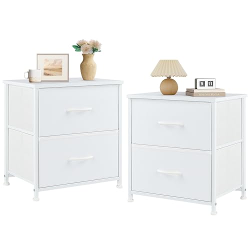 Sweetcrispy Nachttisch 2er Set, Nachttisch Beistelltisch, Stoff Schubladenschrank, Schmal Schrank, Kommode Schlafzimmer, Industrial Stil für Wohnzimmer, Kinderzimmer, Flur Aufbewahrungsschrank, weiß von Sweetcrispy