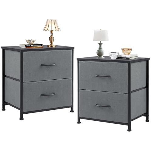 Sweetcrispy Nachttisch 2er Set, Nachttisch Beistelltisch, Stoff Schubladenschrank, Schmal Schrank, Kommode Schlafzimmer, Industrial Stil für Wohnzimmer, Kinderzimmer, Flur Aufbewahrungsschrank, Grau von Sweetcrispy