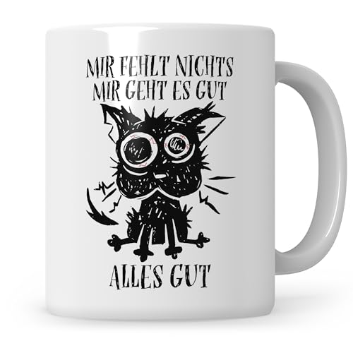 Schwarze Katze Tasse für Katzenliebhaber, Katzenmama Geschenk Katzenpapa Kaffeetasse Alles gut Katzentasse von Sweetify