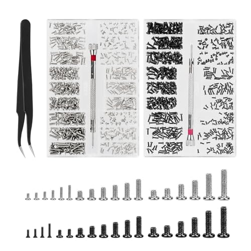 Kleine Schrauben Set, M1.2 M1.4 M2 Schrauben Sortiment, Brillenschrauben, Mini Schrauben, Uhrenbrille Computer Ersatzschrauben, Edelstahl Reparaturschrauben Set mit Schraubendreher Schwarz von Sweetone