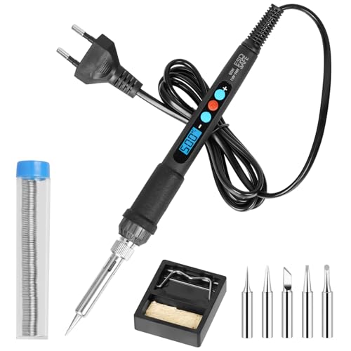 Lötkolben Set, 60W Lötkolben mit Einstellbarer Temperatur 180℃-500℃, Soldering Iron mit ON/OFF, 10g Lötdraht, 5 Lötspitzen, Lötkolbenständer, Lötset für Reparatur des Schweißens von Sweetone