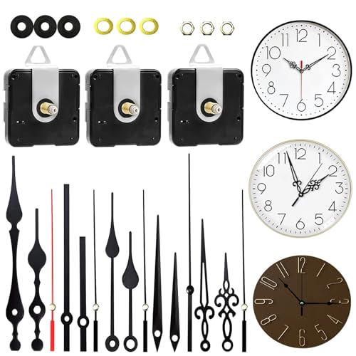 Sweetone Uhrwerk für Wanduhr, 3 Stück Uhrwerke zum Selbsteinbau mit Zeiger, Hoch Drehmoment Lange Welle Uhrwerk Mechanismus mit 5 Verschiedenen Paaren von DIY Uhrwerk Kits Ersatz von Sweetone