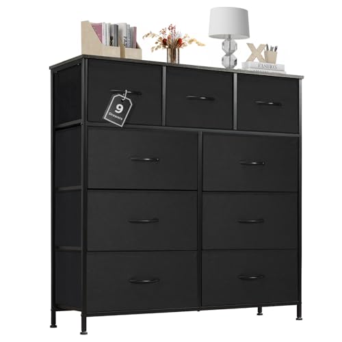 Sweetcrispy Kommode mit Stoff-Schubladen, Sideboard mit 9 Stoff-Schubladen, Schubladenschrank, Organisationsmöbel für Küche, Büro, Flur, TV-Schrank mit Schubladen, Schwarz von Sweetcrispy