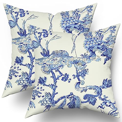 Chinoiserie Kissenbezüge, 45,7 x 45,7 cm, 2 Stück, blau und weiß, Blumendruck, dekorative Dekokissen, rustikale Vintage-Blumenkissenbezüge, Baumwolle, quadratisch, Dekoration für Couch, Bett, Sofa von Sweetshow