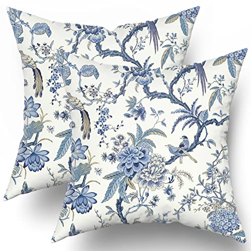 Chinoiserie Kissenbezüge, 50.8x50.8 cm, Blau und Weiß, Outdoor-Kissen, blaue Vögel, Blumen, Wurfkissenbezüge, Baumwolle, quadratisch, Kissenbezug, Dekor für Schlafzimmer, Couch, Bett, Stuhl, 2er von Sweetshow