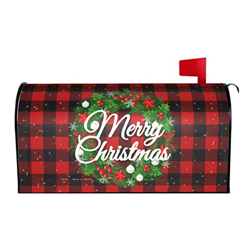 Merry Christmas Mailbox Covers Magnetic Standard Size 18 X 21 Winter Xmas Wreath Red Buffalo Plaid Mailbox Cover Holiday Decorations Mailbox Wrap Post Letter Box Cover Decor for Home Outdoor Garden von Sweetshow