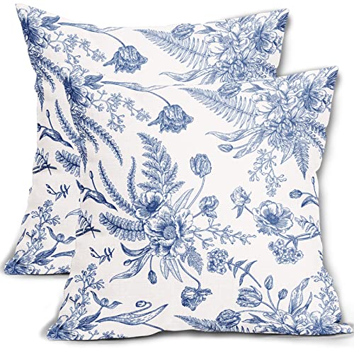 Sweetshow Blaue Blumen-Kissenbezüge, 2 Packungen, 45,7 x 45,7 cm, weiß und blau, Sommer-Kissenbezug, Leinen, dekorativ, modernes blaues Blumenmuster, Outdoor-Kissenbezug für Terrasse, Sofa, von Sweetshow