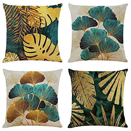 Sweetwill 4er Set Kissenbezug 50x50 Leinen Deko Kissenhülle Gold Petrol Ginkgo Dschungel Dekokissen Landhausstil Natur Kissen bezug Couchkissen Modern Kissenbezüge Couch Wohnzimmer von Sweetwill