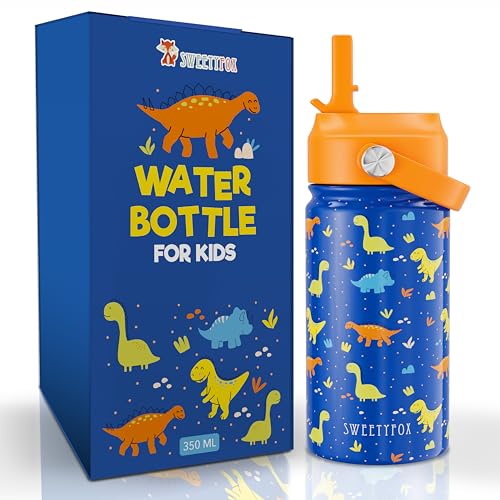 Sweety Fox Edelstahl Trinkflasche Kinder Dino BPA-frei - Kinder Flasche mit Strohhalm und Bürste - Geeignet für Kinder ab 3 Jahren. von Sweety Fox