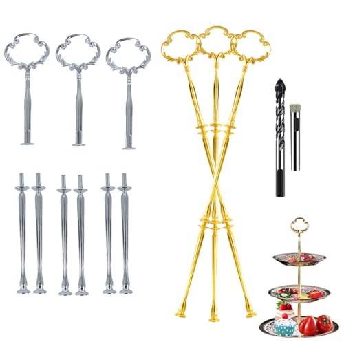 Sweieoni Etageren Stangen Set 6 Sets Etagere Bausatz Etageren Stangen Metallstangen für Etagere Stange für Etagere Tortenständer 2/3 Stöckig mit Bohrer, Blume Form, Gold und Silber von Sweieoni