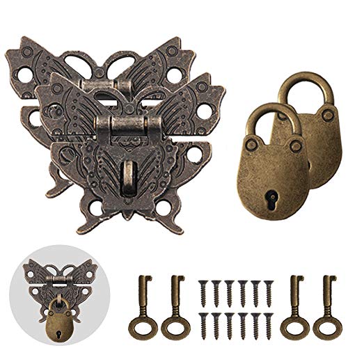 Sweieoni Verschluss für Holzkiste 2 Stück Retro Schmetterling Shaped Latch Haspe 2 Stück Mini-Vorhängeschloss Mini Vorhängeschlösser Schloss Antike Vorhängeschloss Hasp mit Schlüssel Schrauben von Sweieoni