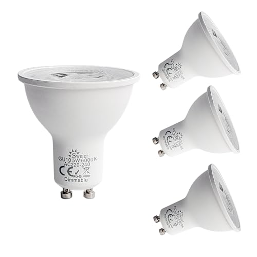 4XSweier 5W Dimmable Cool White 6000K LED GU10 Bulb, 430LM GU10 LED Spotlight 50W Halogen Spotlight Replacement, 220-240V 38° Beam Angle Energy Saving Bulb von Sweier