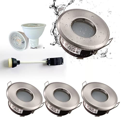 4XSweier Deckeneinbau LED Wasserdicht Bad LED Deckenstrahler Wasserdicht für Bad 5W Kaltweiß 6000K (GU10 Glühbirnen Enthalten) Satin Nickel Druckguss Aluminium Downlight Ausschnitt 68mm von Sweier