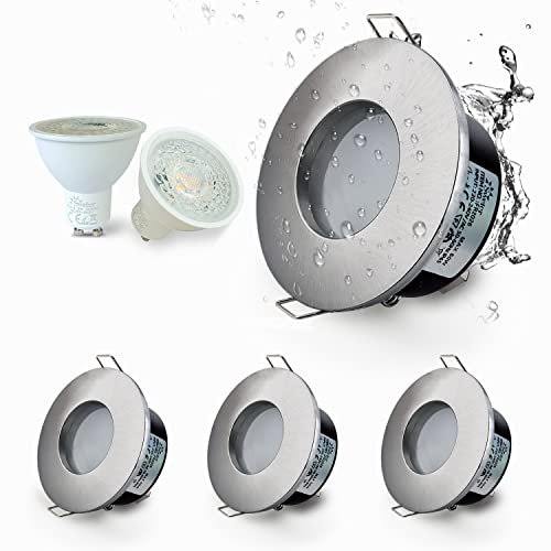 Sweier LED Einbaustrahler IP65 Satin Nickel,5W GU10 Bad Deckenstrahler,230V Einbaustrahler Badezimmer,430LM Kaltweiß 6000K Einbauleuchten LED Spot,Lochmass 2.76 Zoll,Einbautiefe 4.33 Zoll,4er Set von Sweier