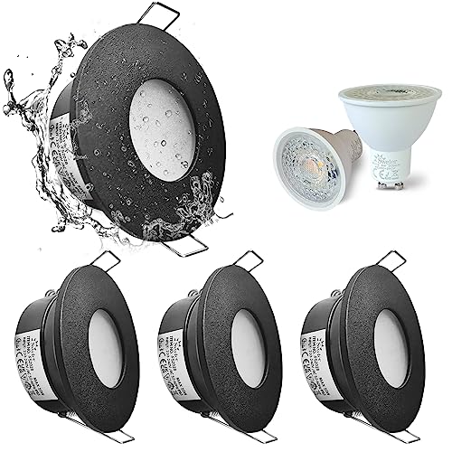 Sweier LED Einbaustrahler 230V Schwarz,5W GU10 IP65 Bad Deckenstrahler,Warmweiß 3000K Deckenspots Badezimmer,430LM Einbauleuchten LED Spot,Lochmas 2.76 Zoll,Einbautiefe 4.33 Zoll,4er Set von Sweier