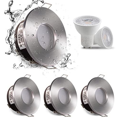 Sweier LED Einbaustrahler IP65,Satin Nickel 5W GU10 Einbaustrahler Badezimmer,230V Warmweiß 3000K Bad Deckenstrahler,430LM Einbauleuchten LED Spot,Lochmass 2.76 Zoll,Einbautiefe 4.33 Zoll,4er Set von Sweier