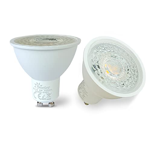 Sweier 2 x LED-Leuchtmittel 5 W GU10, 38° Abstrahlwinkel 430 lm, Kaltweiß 6000 K, hoher Farbwiedergabeindex CRI > 85 220–240 V LED GU10 Strahler, 5 W entspricht 50 W Halogen, nicht dimmbar. von Sweier