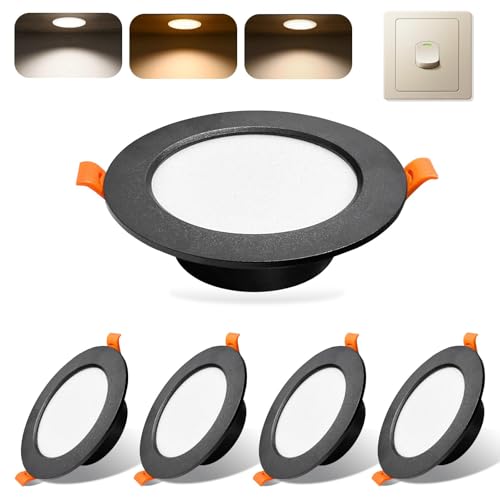 Sweier Schwarz 5W LED Einbaustrahler Ultradünn mit Schaltbarer 3CCT (3000K/4000K/6000K) - IP44 Einbauleuchten für Küche, Bad, Schlafzimmer | Aluminiumgehäuse, Öffnung 70mm Deckenspots (5er Pack) von Sweier