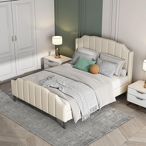 Bettgestell 140x200 cm Doppelbett Samt Jugendbett gepolstert mit Kopfteil, Fußteil und Lattenrost (Beige) von Sweiko