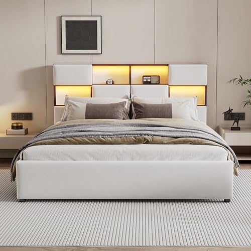 Flaches Bett, 160 x 200 cm, Doppelbettrahmen mit einstellbarem Stimmungslicht, Erwachsenenbett mit mehreren Aufbewahrungsfächern an der Seite des Bettes, Holzbett mit USB-Anschluss, Beige von Sweiko