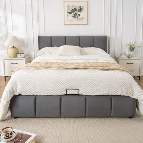 Hydraulisches Doppelbett, 140 x 200 cm, mit drei Aufbewahrungsschubladen, moderner Bettrahmen aus grauem Samt mit 3 Ladebuchsen, verstellbarer Kopf aus quadratischem Schaumstoff von Sweiko