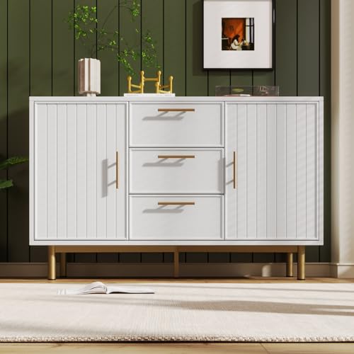 Kommode mit 3 Schubladen und 2-türige, weißes Sideboard, Türschrank mit verstellbaren Einlegeböden, Aufbewahrungsschrank für Wohnzimmer Schlafzimmer (Weiß -H75/B120/T40 cm) von Sweiko