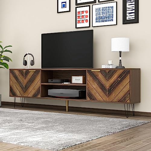 Retro TV-Schrank, Lowboard Fernseher Tisch Modern, TV Unterschrank Holz mit Stilvolle Eleganz, praktischer Stauraum mit Zwei Türen, Türen aus Massivholzfurnier Fächern, Goldgriffe und Eisenfüße von Sweiko