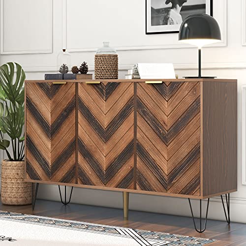 Sweiko 47" Retro-Braun Kommode mit DREI Türen, Sideboard mit Schwarz Metallbeinen Schubladenkommode Verstellbares Regal Holz Mehrzweckschrank für Flur Schlafzimmer Wohnzimmer Badezimmer Kinderzimmer von Sweiko